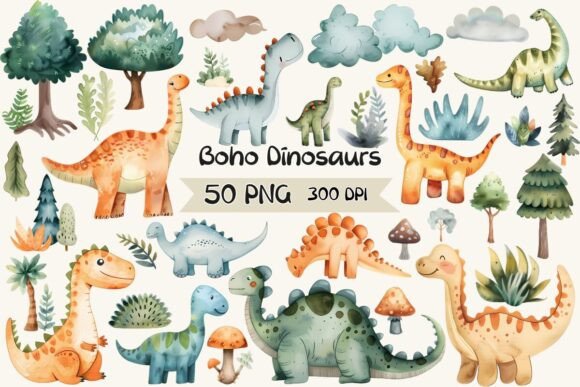 Download Boho Watercolor Dinosaurs Clipart - Boho Collection