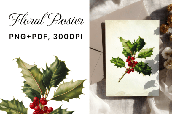 Download Vintage Holly with Berries, PNG + PDF - Vintage holly Collection