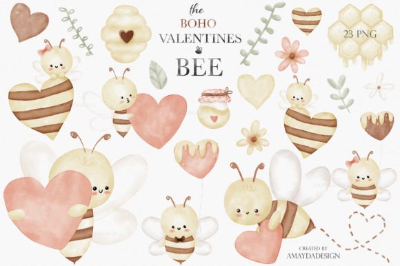 Download Bee My Valentine Boho Watercolor Clipart - Boho Collection