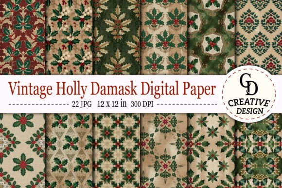 Download Vintage Holly Damask Digital Paper - Premium Resources