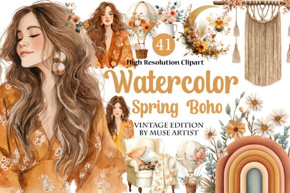 Download Watercolor Spring Boho Clipart - Boho Collection