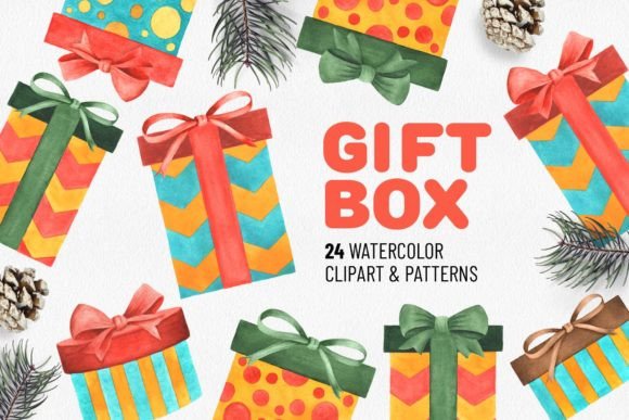 Download Watercolor Gift Box Set. Holiday Décor C - Premium Resources