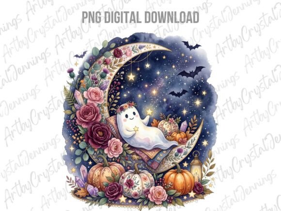 Download Boho Floral Ghost Moon Watercolor PNG - Floral Collection